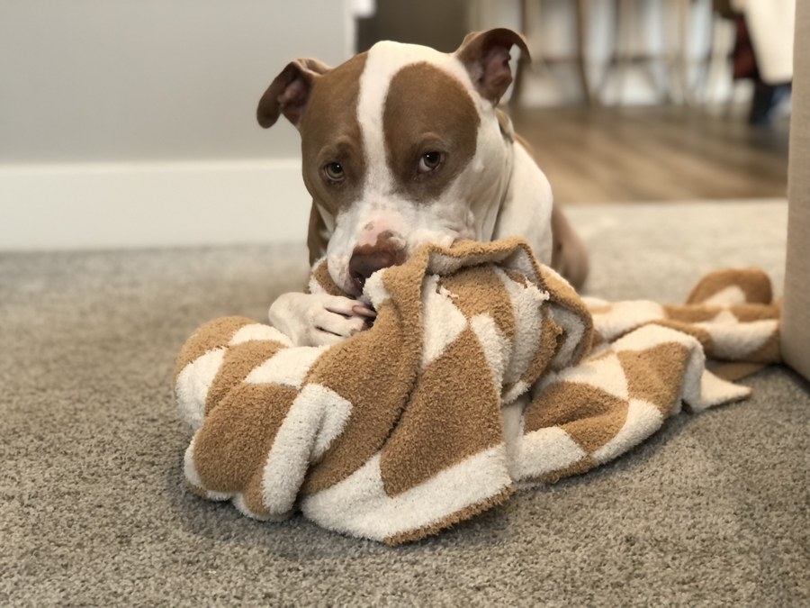 Brown and white dog nuzzling a tan blanket on the carpet