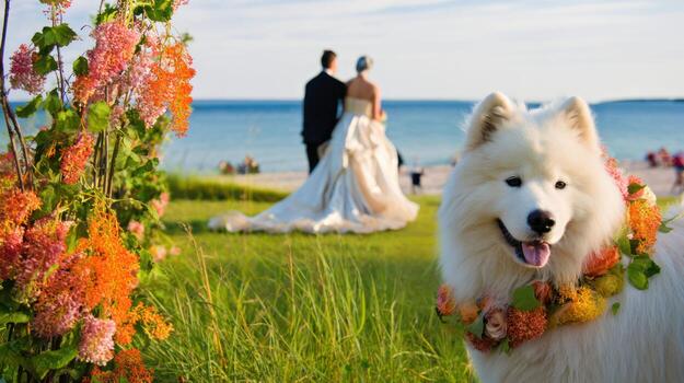 Wedding scene with a couple and their dog among floral decorations